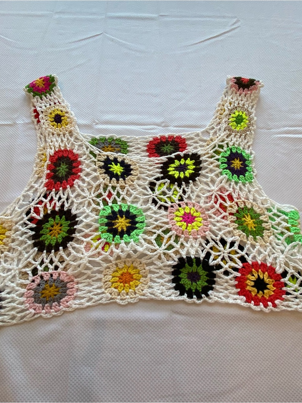 Boho Multi Color Crochet Floral Sleeveless Top — Cream 2XL
